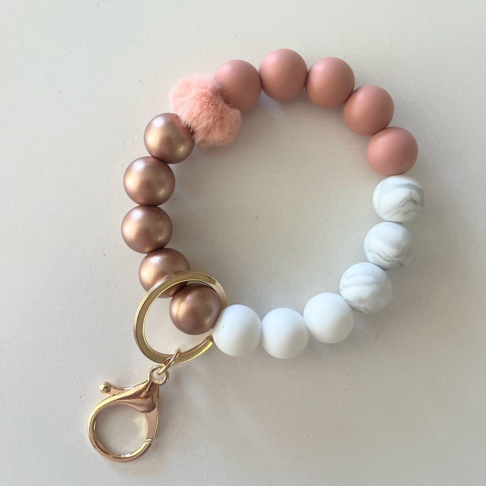 Rose Gold and Pale Pink Silicone Beaded Wristlet Keychain